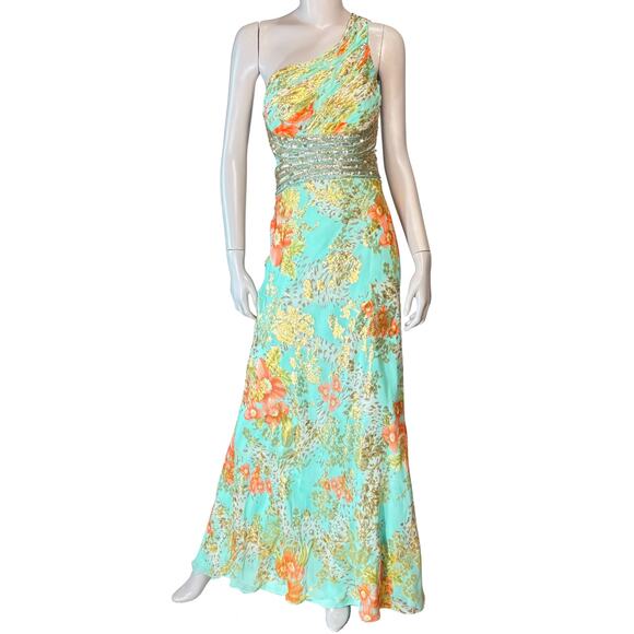 Betsy & Adam Y2K Maxi Prom Dress Women's 6 Floral‎ Silk Metallic One-Shoulder - Picture 1 of 12